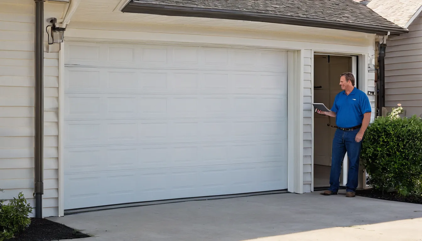 A homeowner looking up at a garage door track in a home near Lake St. Louis while a friendly provider points out the problem