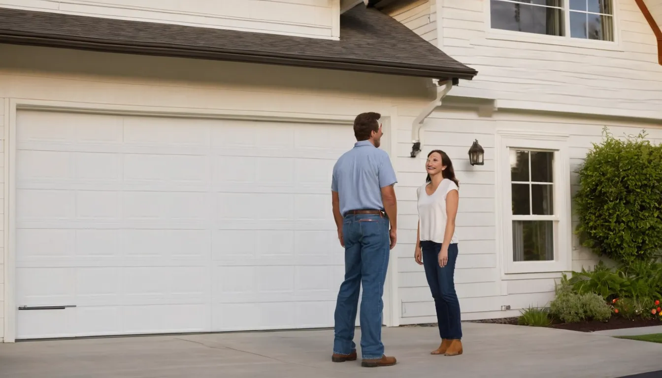 A homeowner and a friendly garage door provider looking over a residential garage door in Lake St. Louis